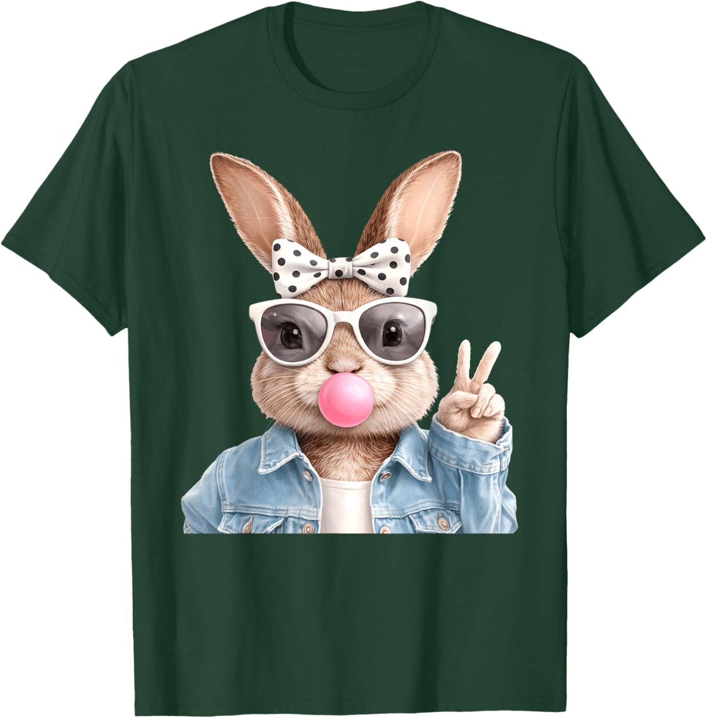 Cute Easter Bunny Peace Sign Bubble Gum Spring Art Kids Girl T-Shirt - T-Shirt | Forest