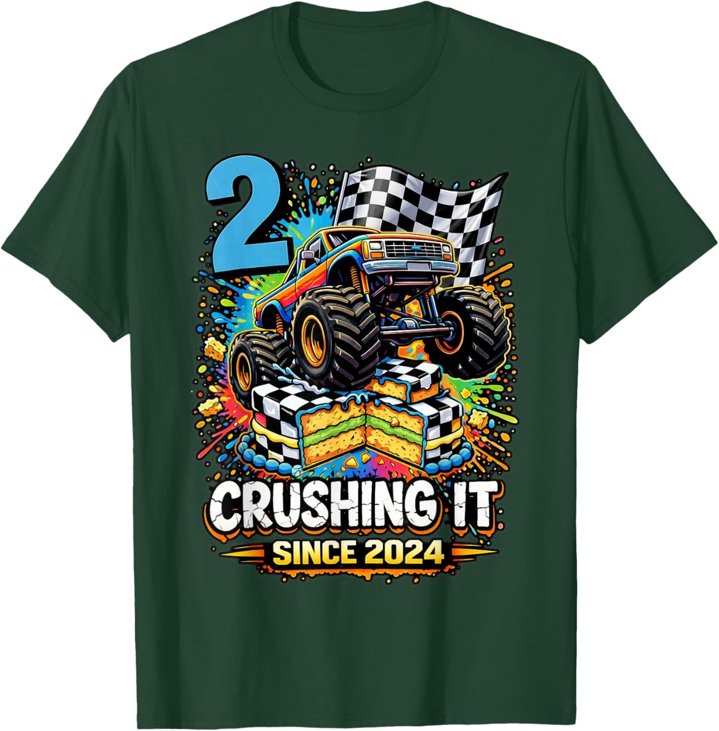 Birthday Monster Truck 2 Year Old Boys 2nd Party Born 2024 T-Shirt - T-Shirt | Forest