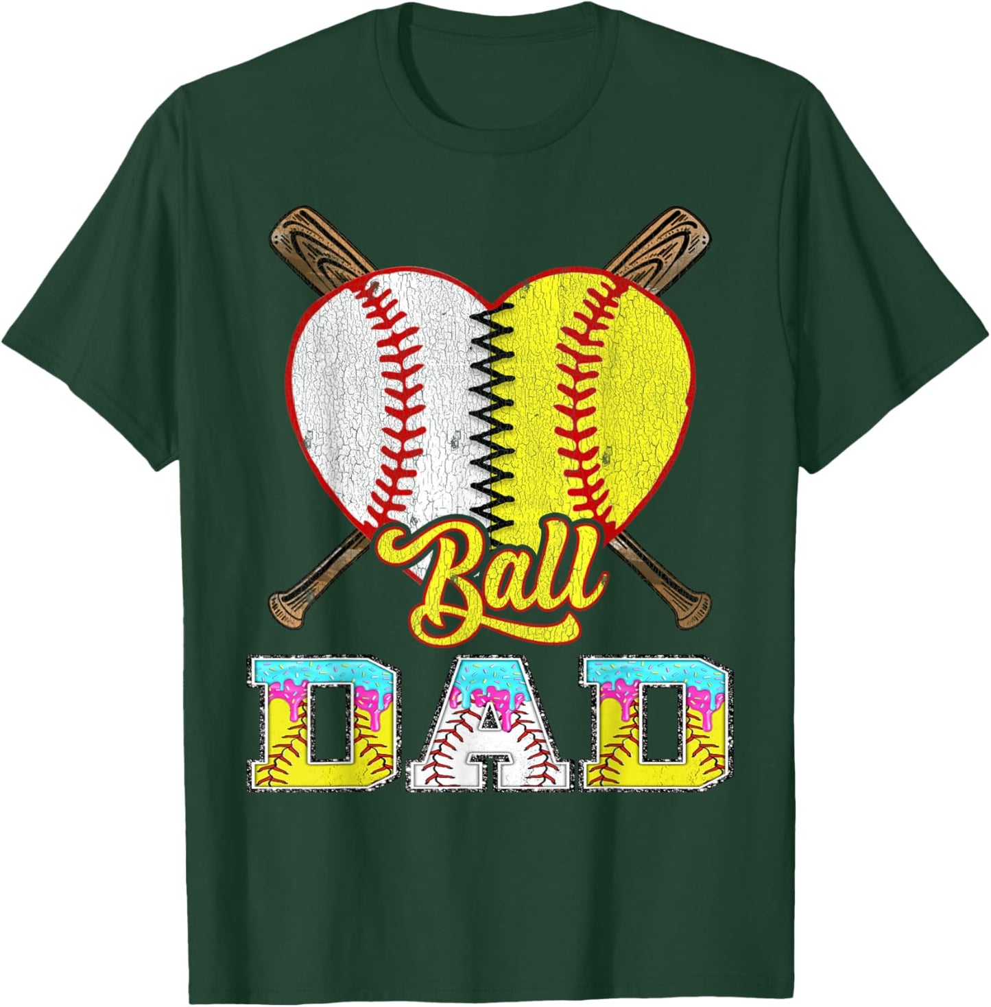 Dad of Both Half Baseball Softball Ice Cream Drip T-Shirt - T-Shirt | Forest