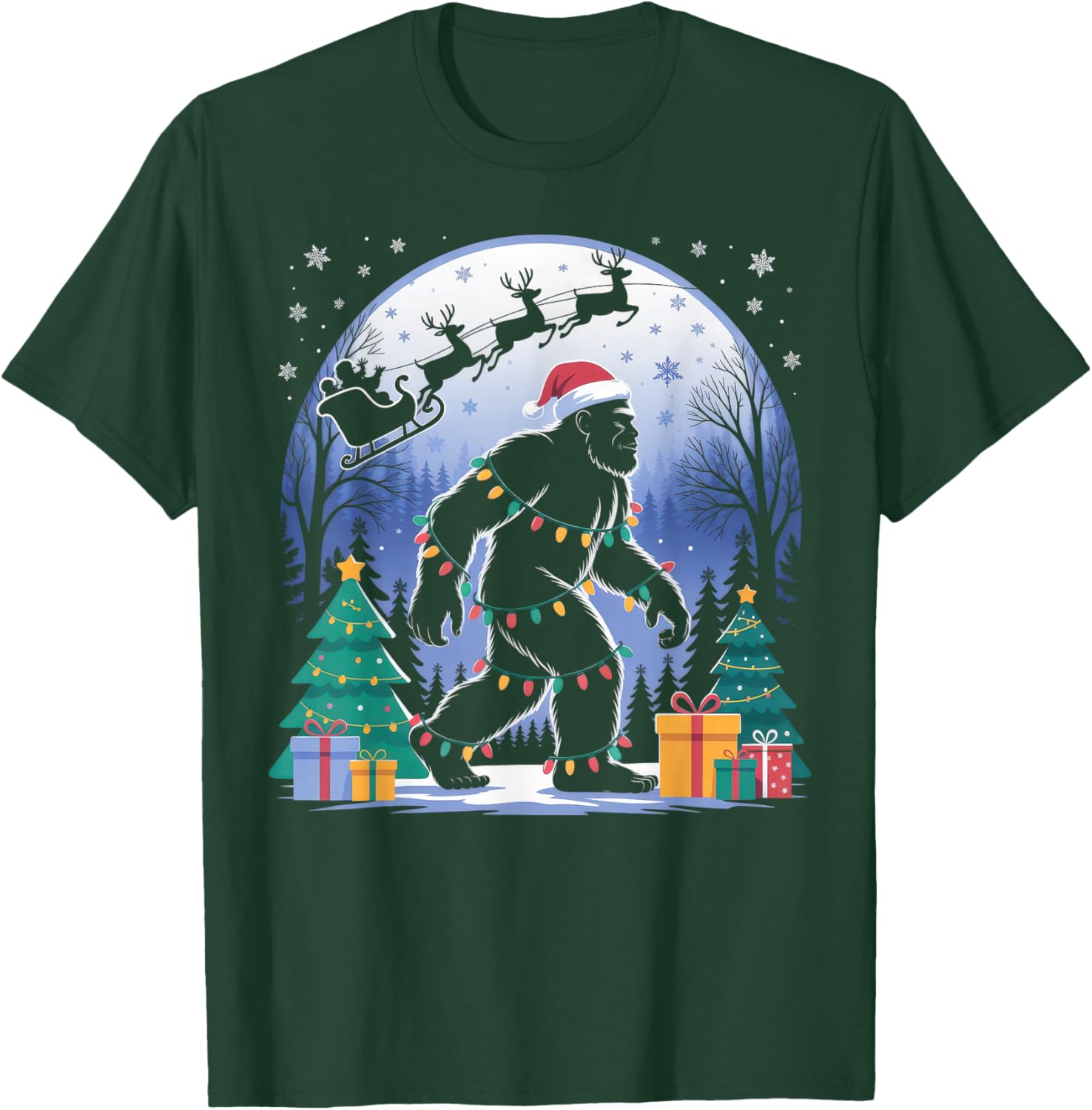 Santa Bigfoot Christmas Lights Funny Sasquatch Believe T-Shirt - T-Shirt | Forest