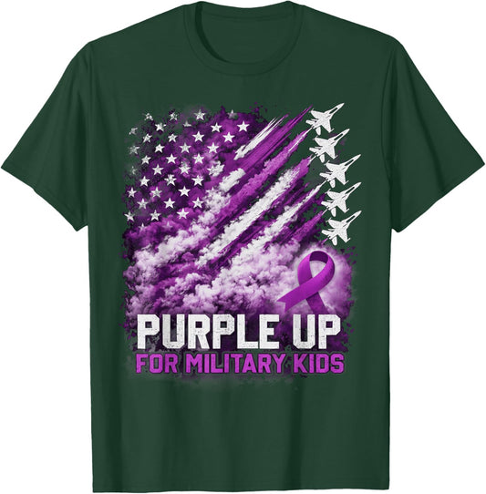 Purple Up Military Kids April Awareness USA Flag T-Shirt - T-Shirt | Forest