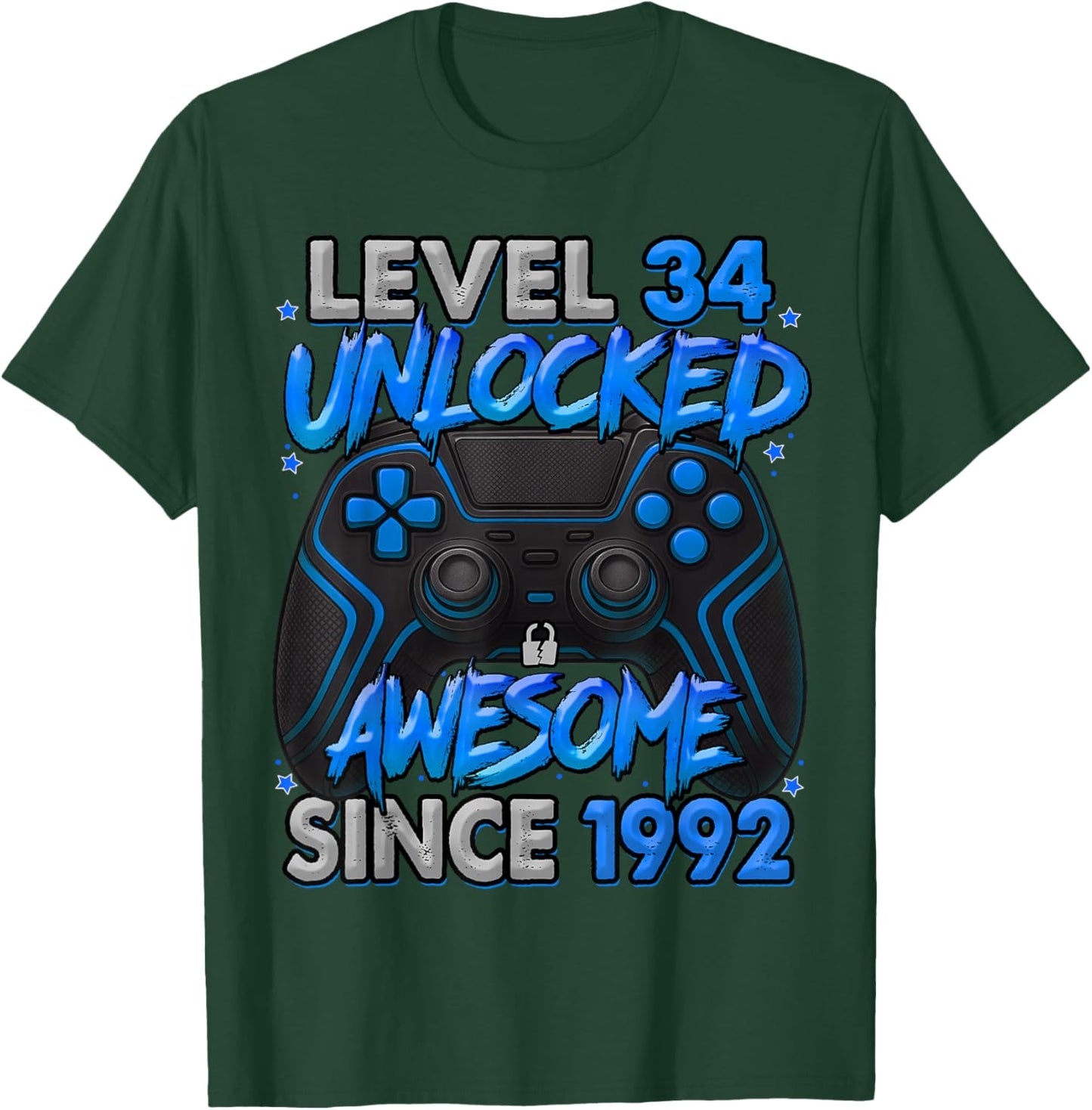 Level 34 Unlocked Awesome Since 1992 34th Birthday Gaming T-Shirt - T-Shirt | Forest