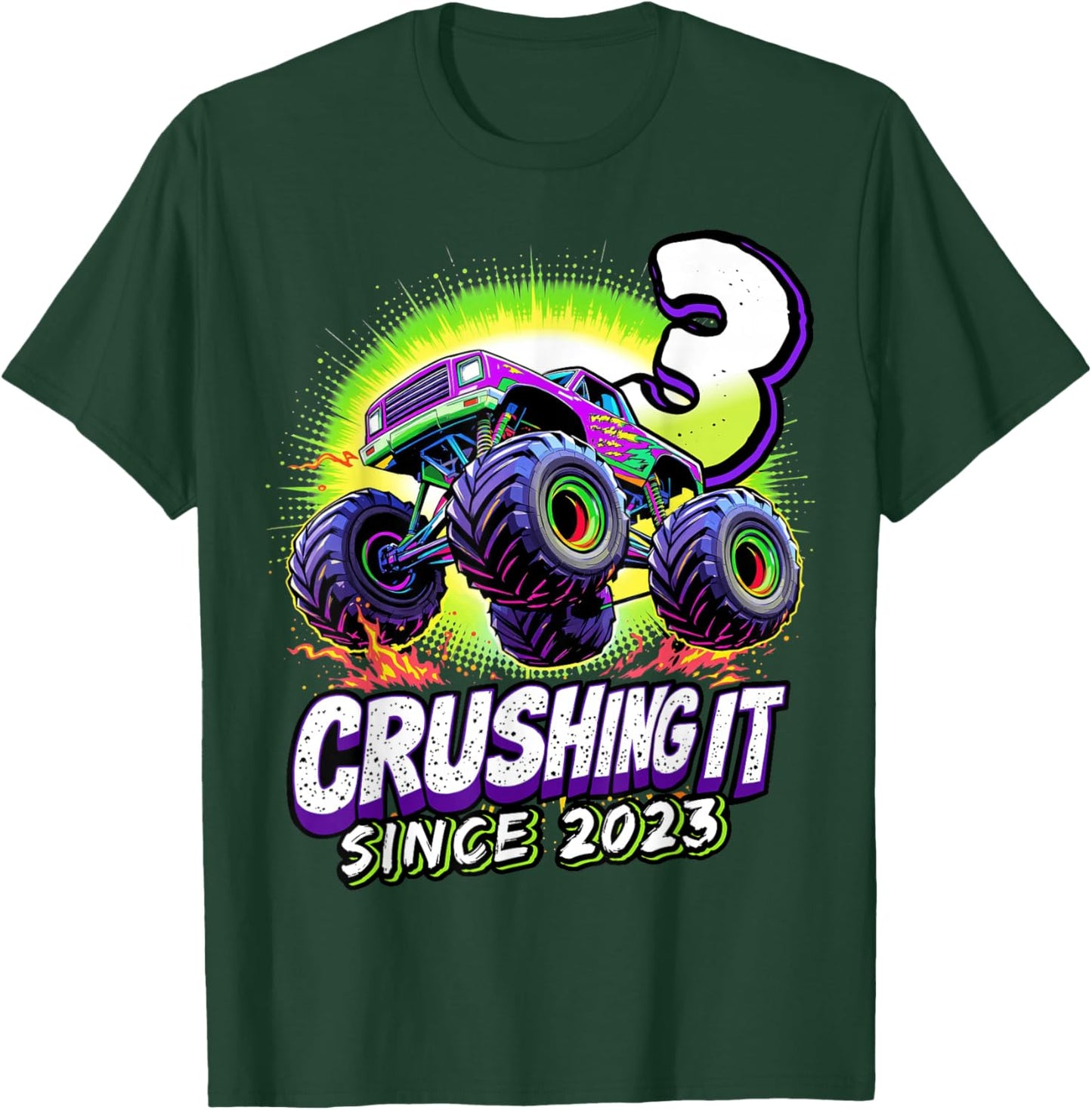 Birthday Monster Truck 3 Year Old Boys 3rd Party Born 2023 T-Shirt - T-Shirt | Forest