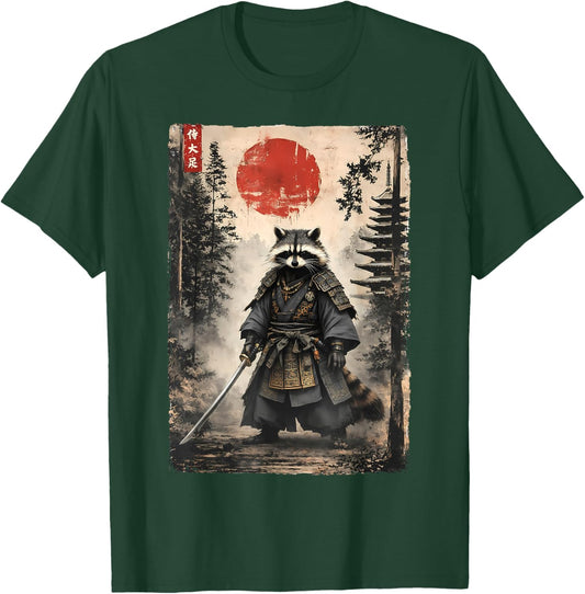 Samurai Raccoon Warrior Vintage Graphic Funny Japanese T-Shirt - T-Shirt | Forest
