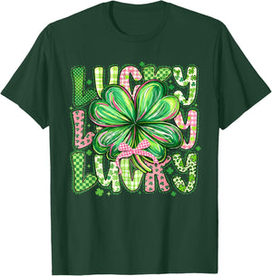 Preppy Lucky St Patrick's Day Coquette Bow Shamrock T-Shirt - T-Shirt | Forest