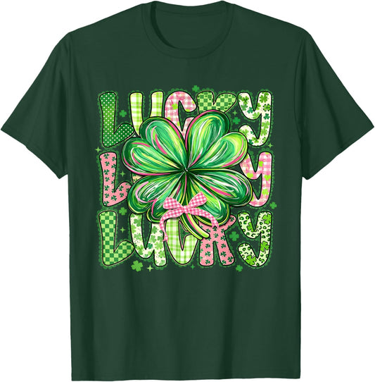 Preppy Lucky St Patrick's Day Coquette Bow Shamrock T-Shirt - T-Shirt | Forest