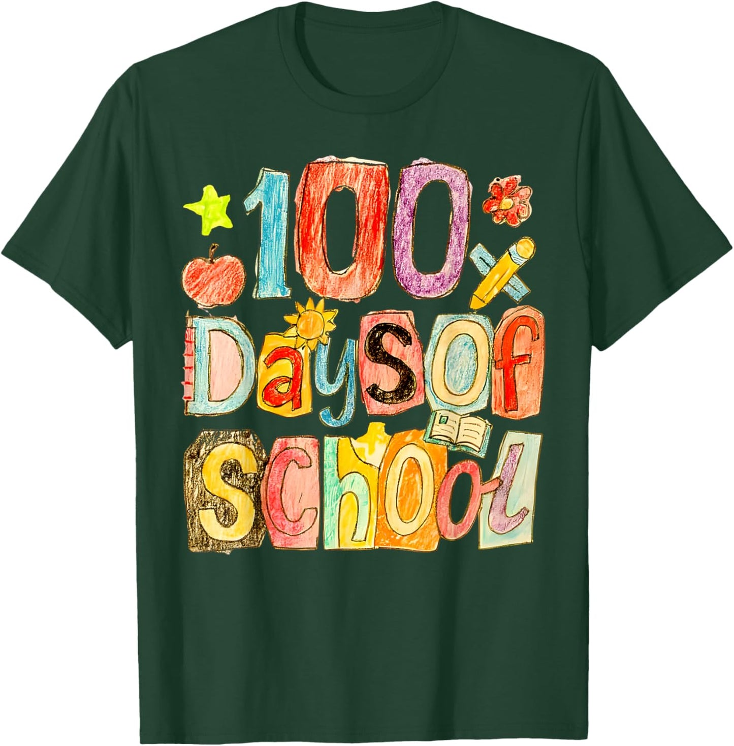 100 Days of School Crayon Art 100th Day Teacher Boys Girls T-Shirt - T-Shirt | Forest
