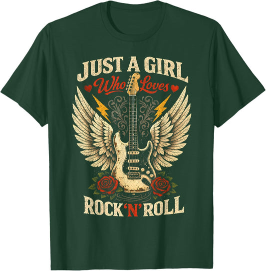 Just a Girl Who Loves Rock N Roll Guitar Wings Roses T-Shirt - T-Shirt | Forest