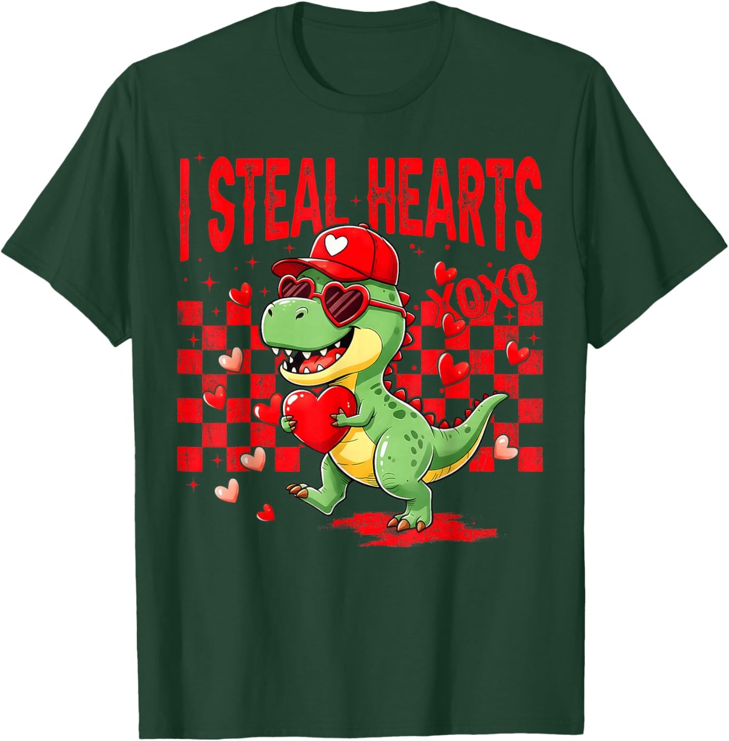 Retro Valentine Dinosaur Holding Heart, Cute I Steal Hearts T-Shirt - T-Shirt | Forest