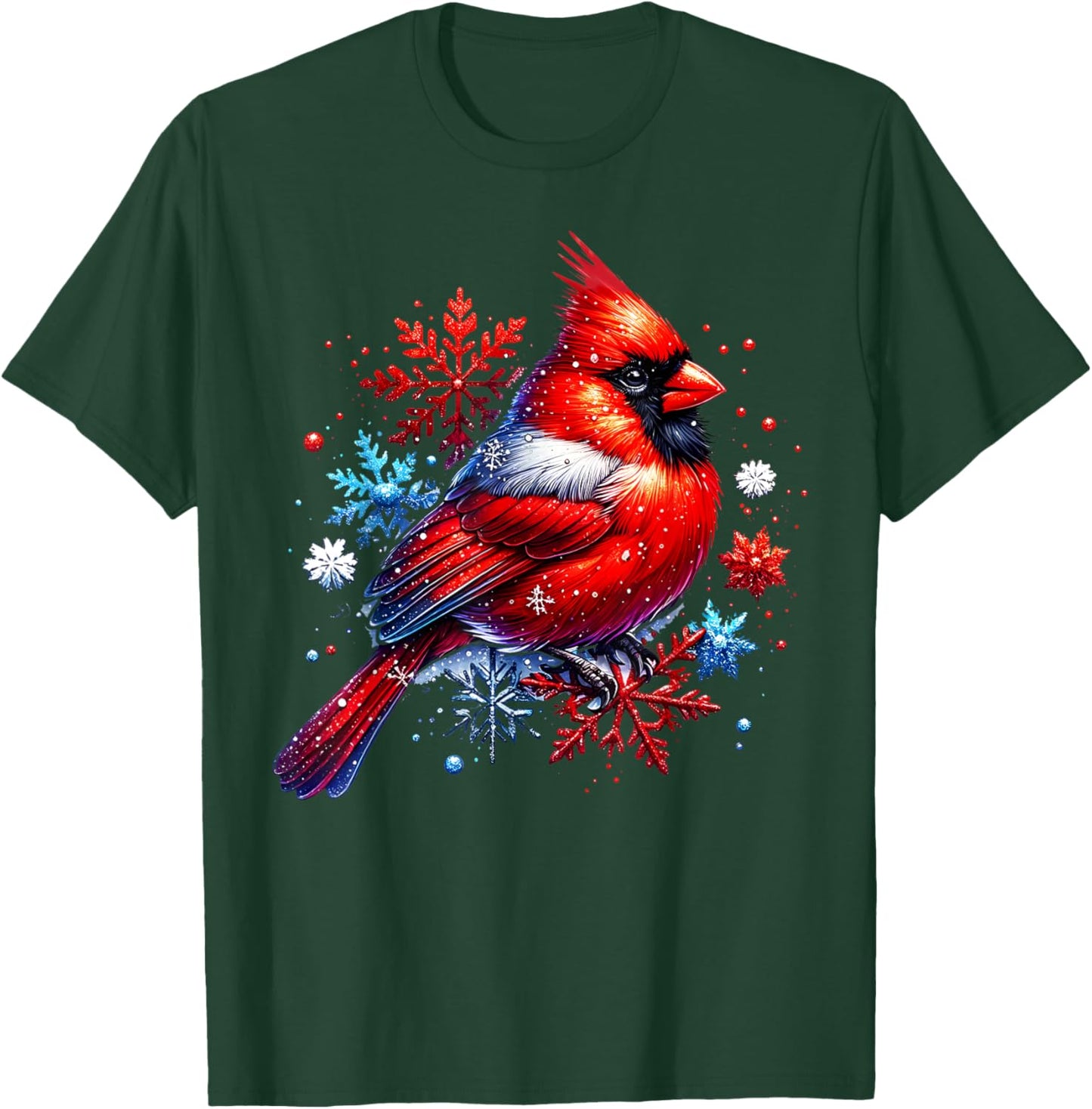 Red Cardinal Floral Snowflakes Winter Christmas Bird Lover T-Shirt - T-Shirt | Forest