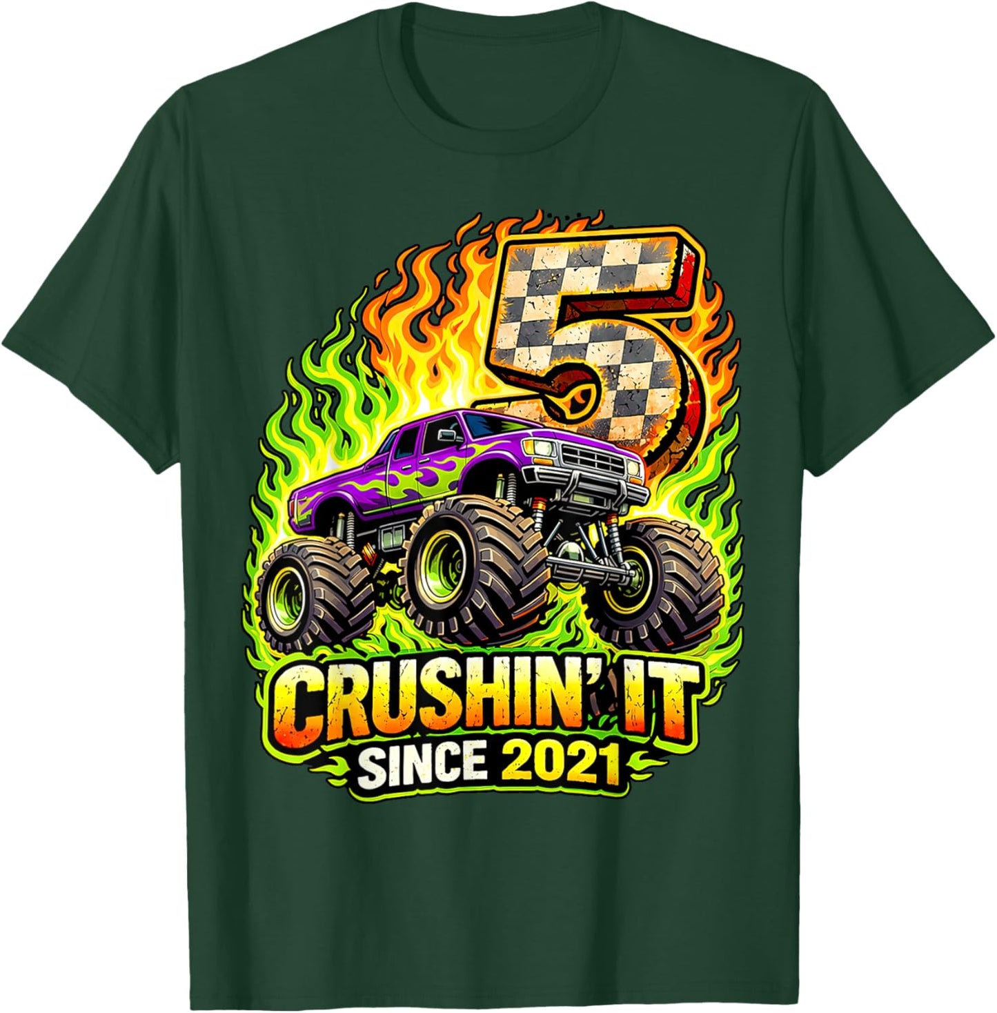 Birthday Monster Truck 5 Year Old Boys 5th Party Born 2021 T-Shirt - T-Shirt | Forest
