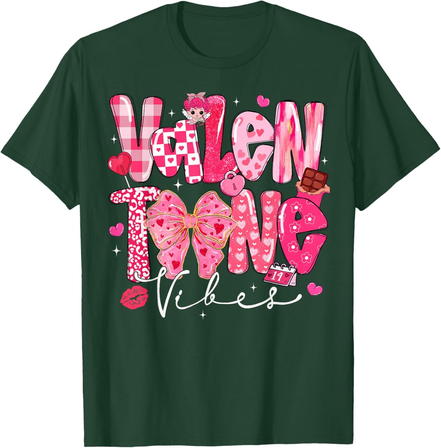 Valentine Vibes Cute Coquette Bow Red Heart Girl Women Kid T-Shirt - T-Shirt | Forest
