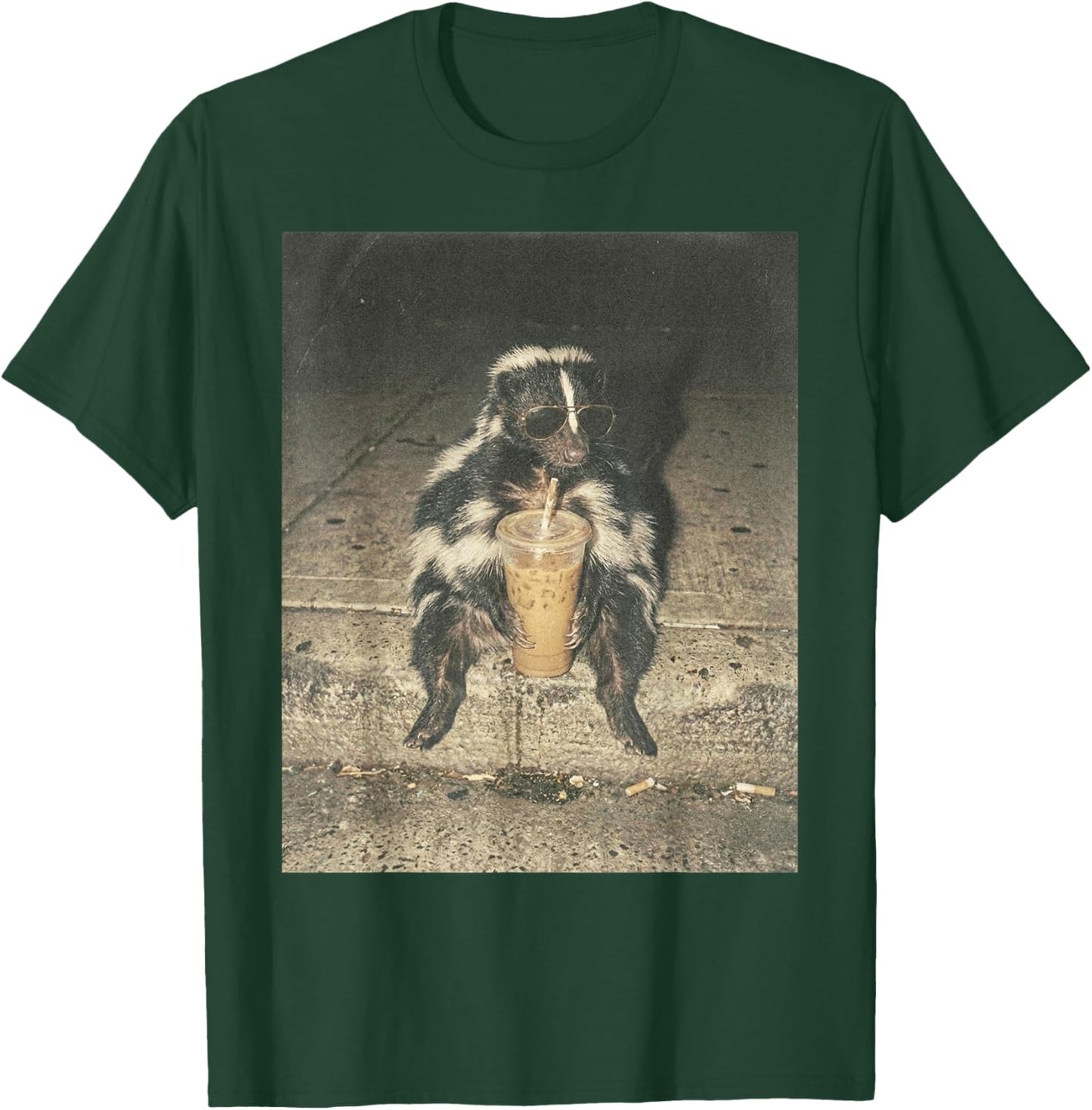 Funny Skunk Drinking Iced Coffee Meme Trash Animal Graphic T-Shirt - T-Shirt | Forest