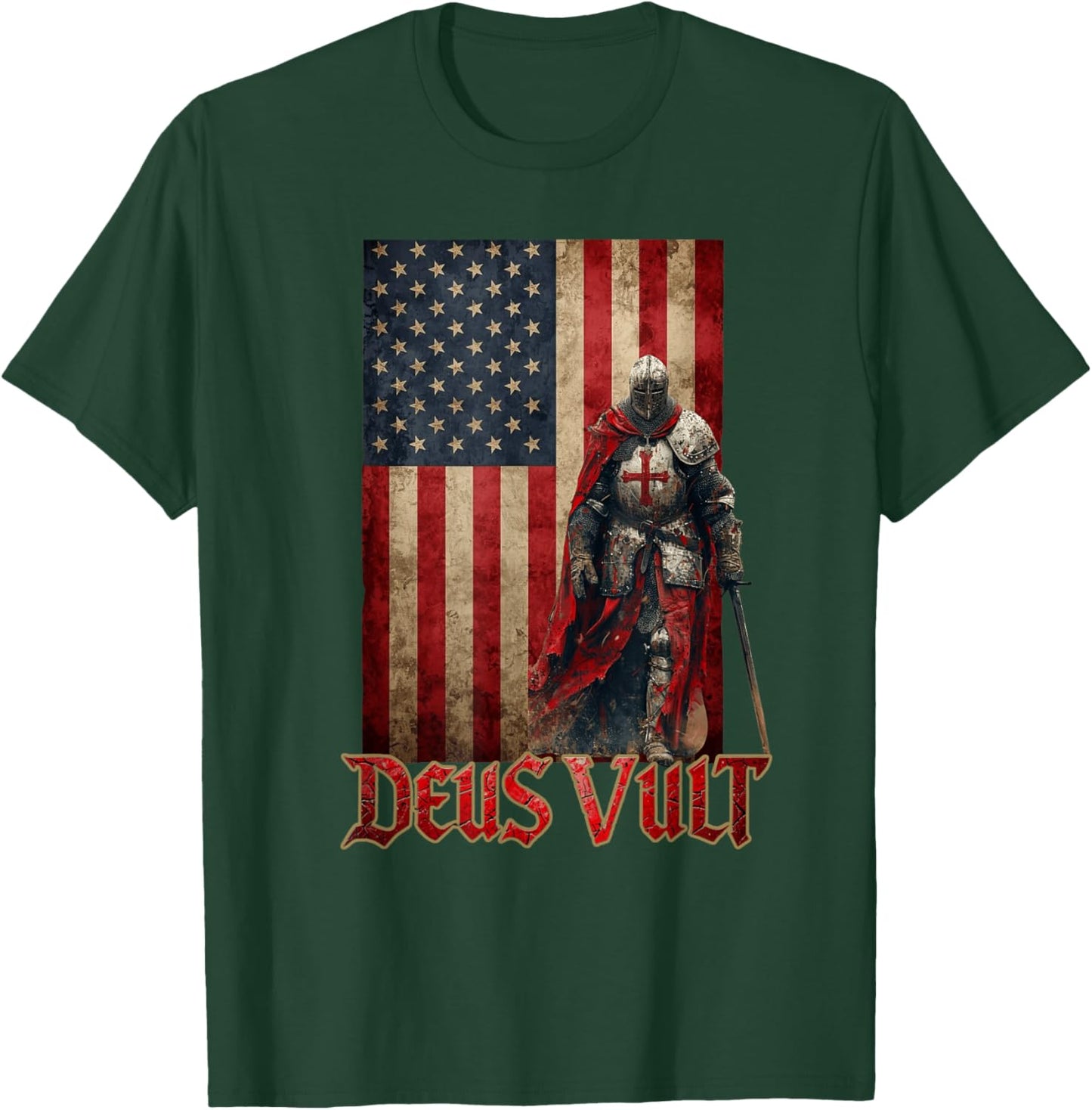 Deus Vult Knight Templar American Flag Crusader T-Shirt - T-Shirt | Forest