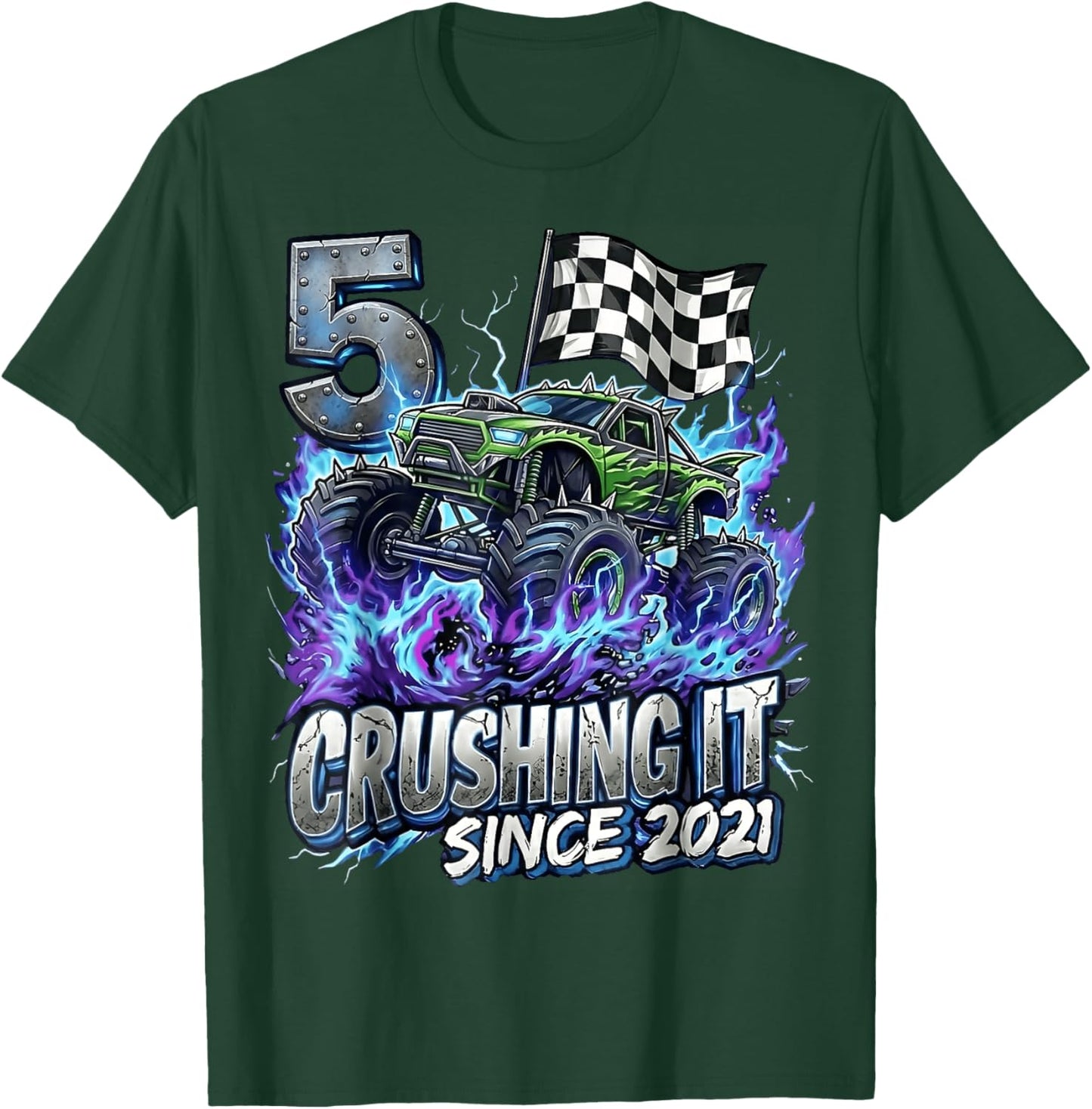 5th Birthday Monster Truck 5 Years Old Boys Kids Born 2021 T-Shirt - T-Shirt | Forest
