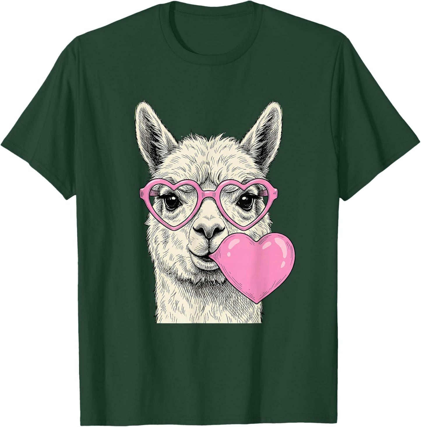 Cute Alpaca Blowing Pink Valentine Heart Bubble Gum T-Shirt - T-Shirt | Forest
