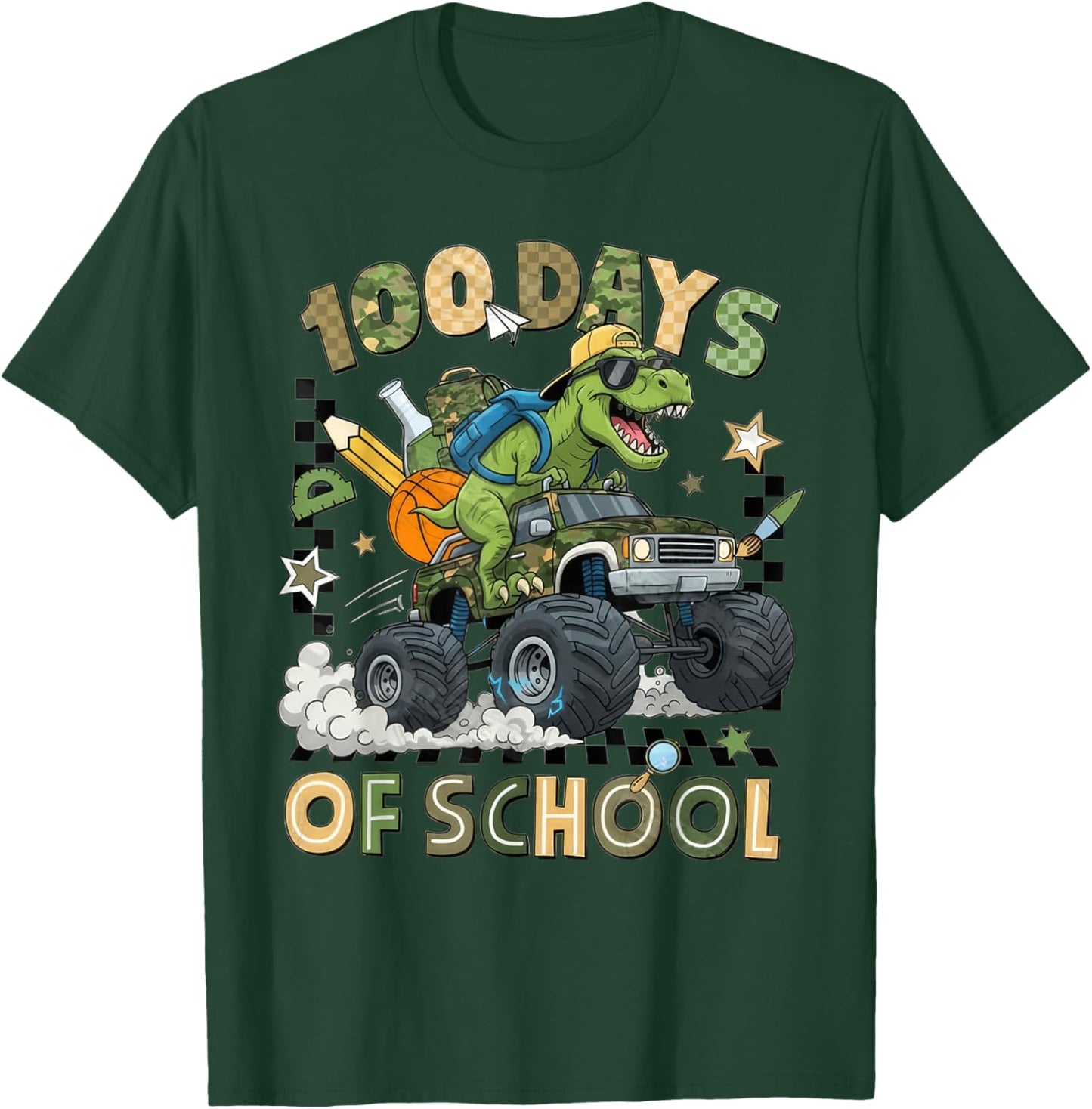 100 Days of School Monster Truck Camo 100th Day School Boys T-Shirt - T-Shirt | Forest