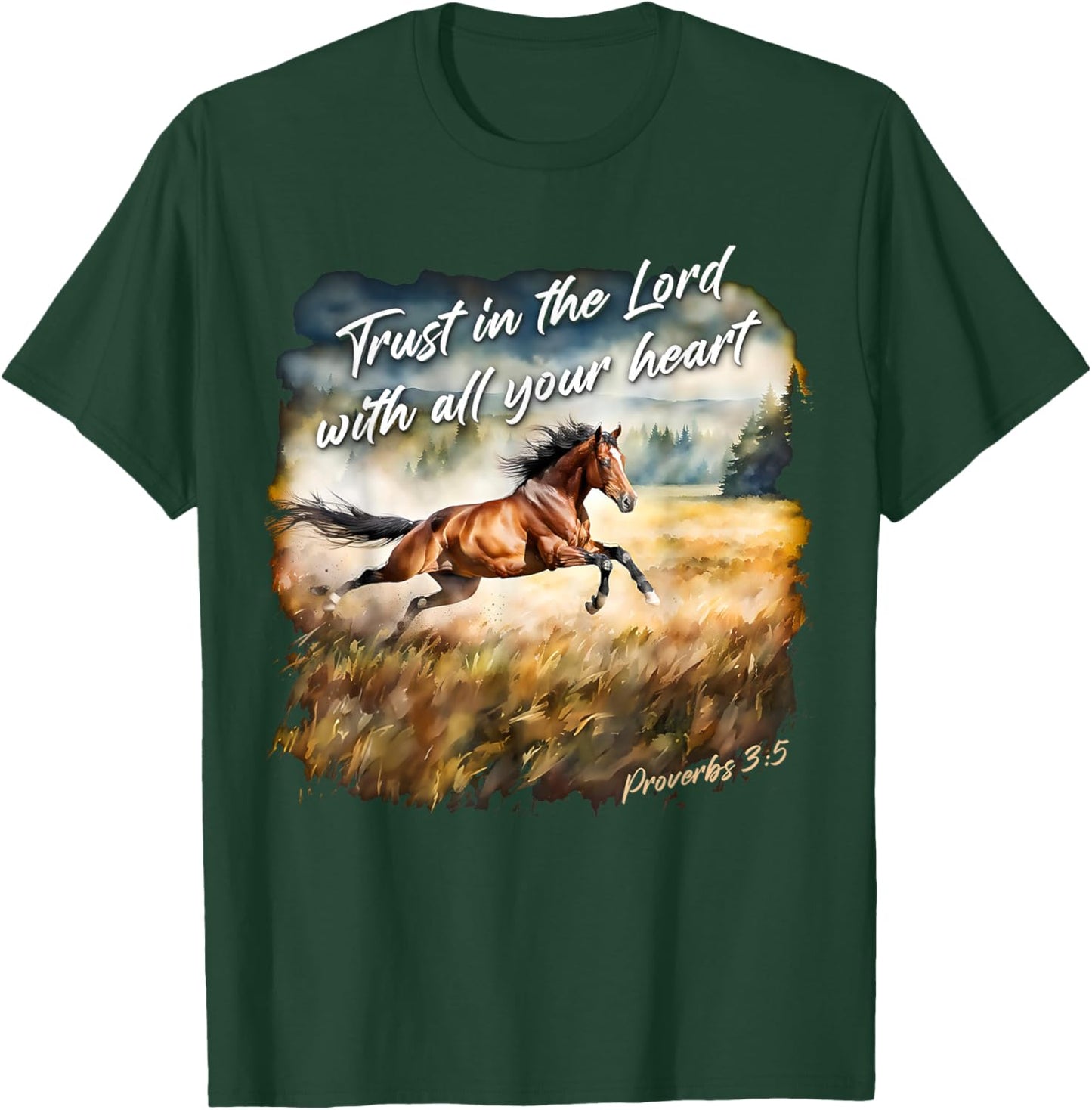 Proverbs 3:5 Trust in The Lord – Women Girls Horse Verse T-Shirt - T-Shirt | Forest