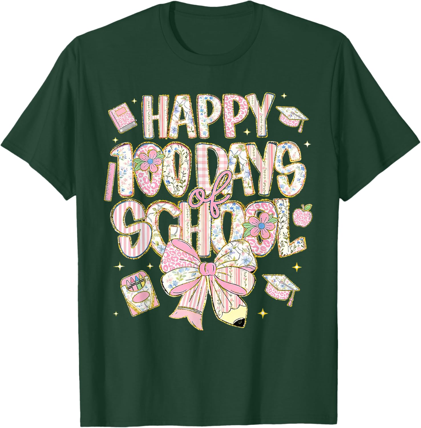 100th Day of School Preppy 100 Days Teacher Kid Coquette Bow T-Shirt - T-Shirt | Forest