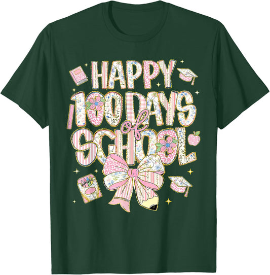 100th Day of School Preppy 100 Days Teacher Kid Coquette Bow T-Shirt - T-Shirt | Forest