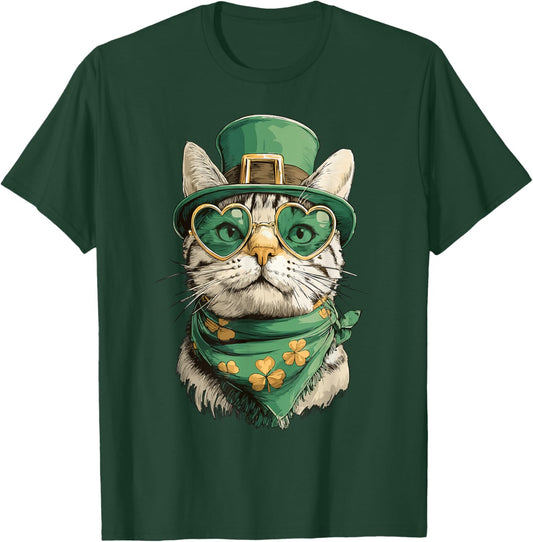 Tabby Cat with Hearts Sunglasses Shamrocks St Patricks Day T-Shirt - T-Shirt | Forest