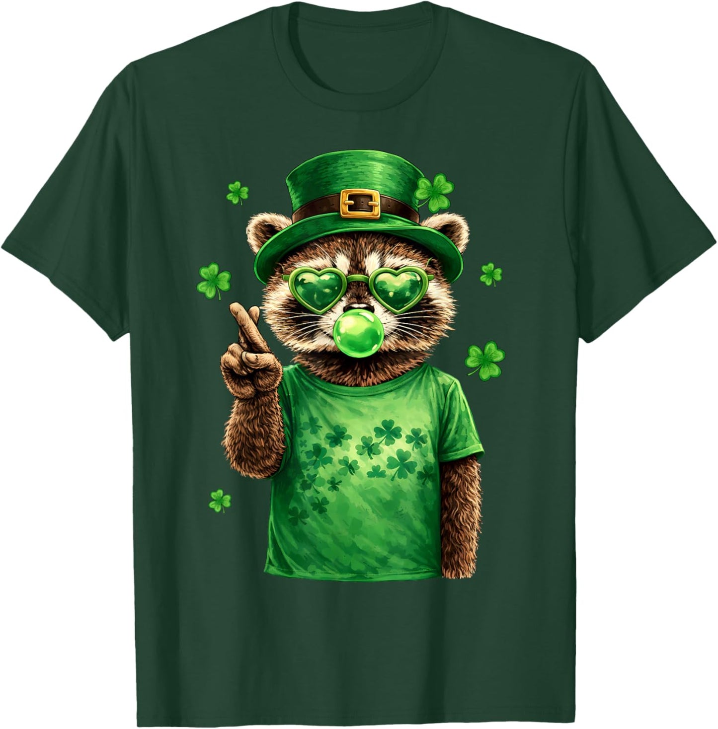 St Patricks Day Raccoon Feral Leprechaun Lucky Hand Shamrock T-Shirt - T-Shirt | Forest