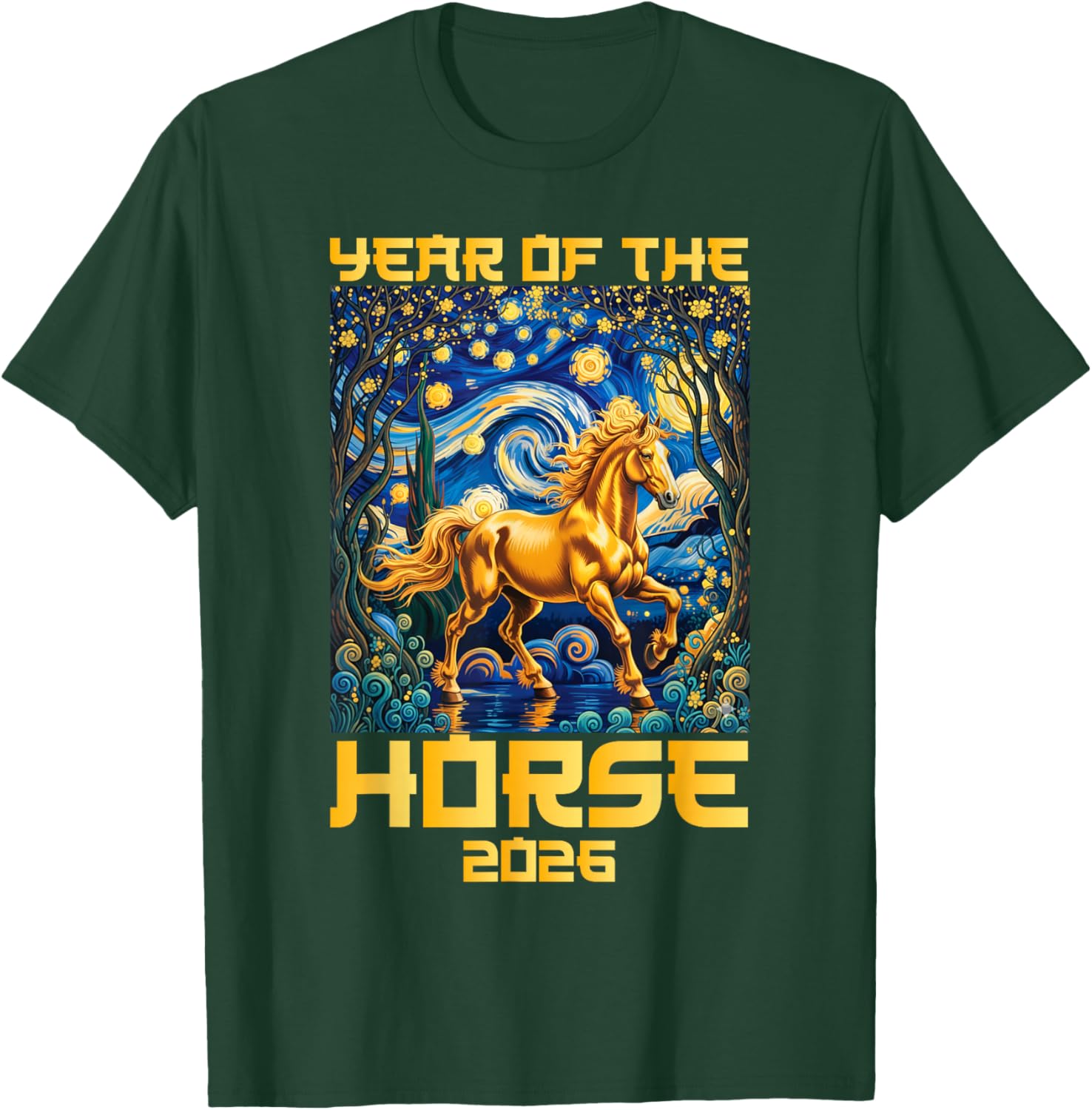 Lunar New Year 2026 Year of The Horse Van Gogh Starry Night T-Shirt - T-Shirt | Forest