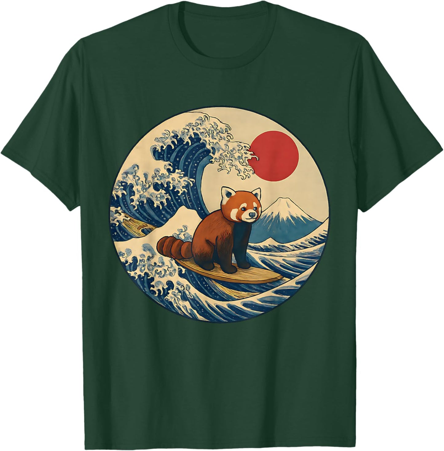Japanese Surf Animal Red Panda Kanagawa Wave Graphic T-Shirt - T-Shirt | Forest