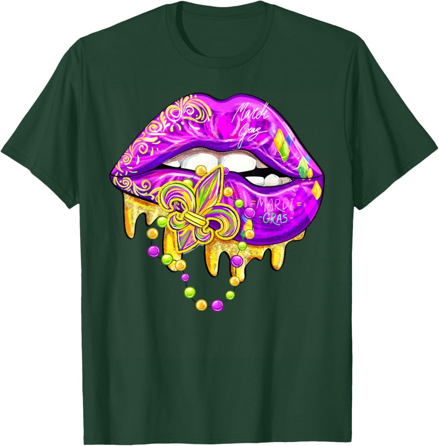 Mardi Gras Lips Carnival Fleur De Lis Costume Women Girl Kid T-Shirt - T-Shirt | Forest