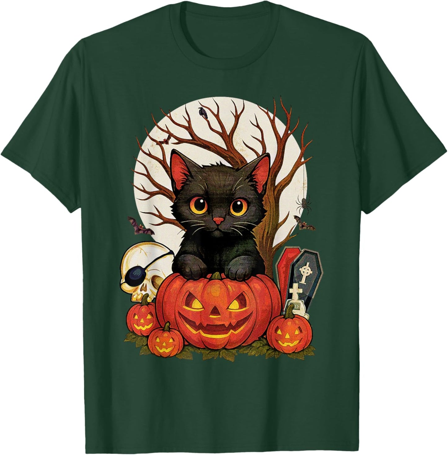 Vintage Halloween Moon Retro Scary Black Cat Men Graphic T-Shirt - T-Shirt | Forest