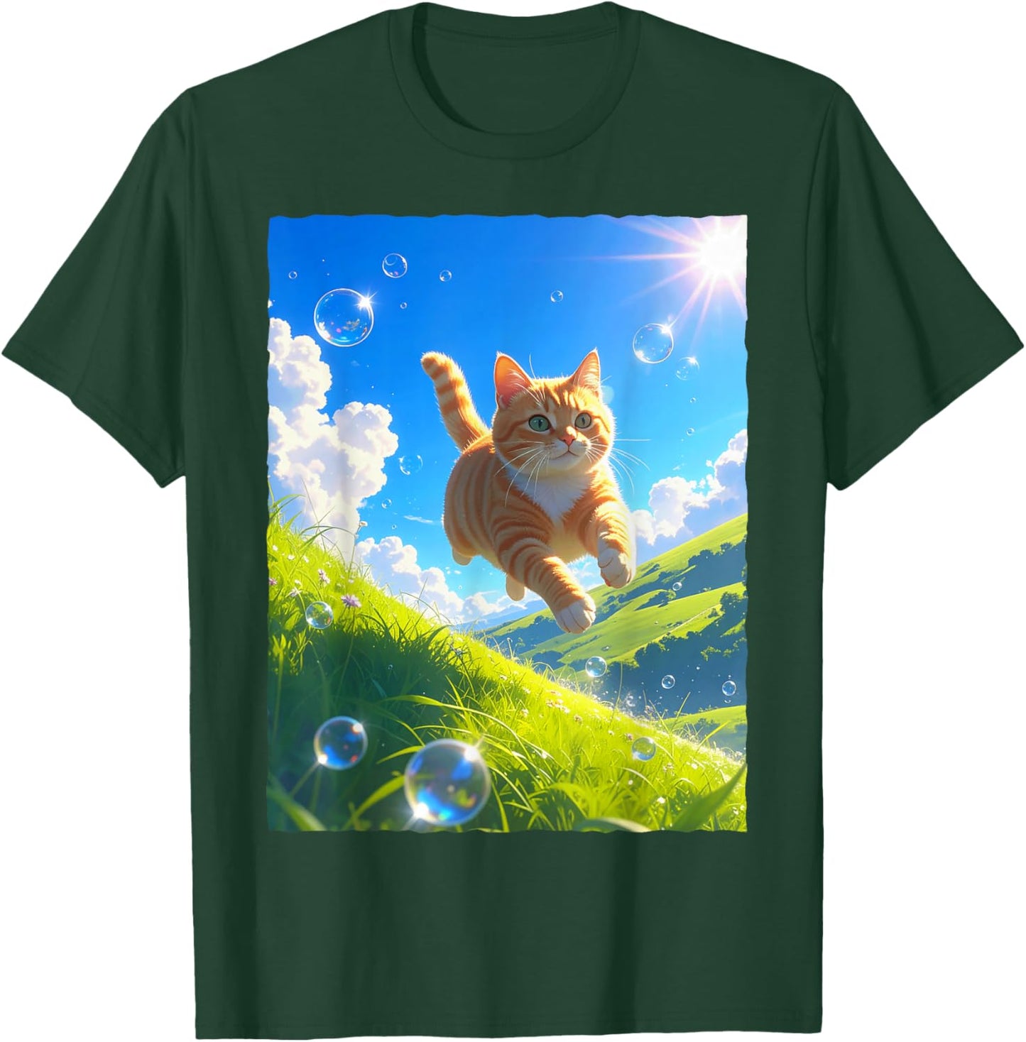 Frutiger Aero Cat Chasing Bubbles Cute Ginger Kitten Anime T-Shirt - T-Shirt | Forest