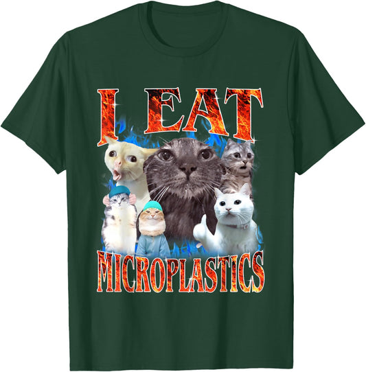 I Eat Microplastics Funny Cat Meme Y2K Bootleg Graphic T-Shirt - T-Shirt | Forest