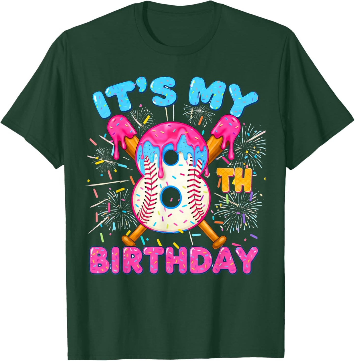 8th Birthday Baseball 8 Year Old Ice Cream Drip Boy Baseball T-Shirt - T-Shirt | Forest