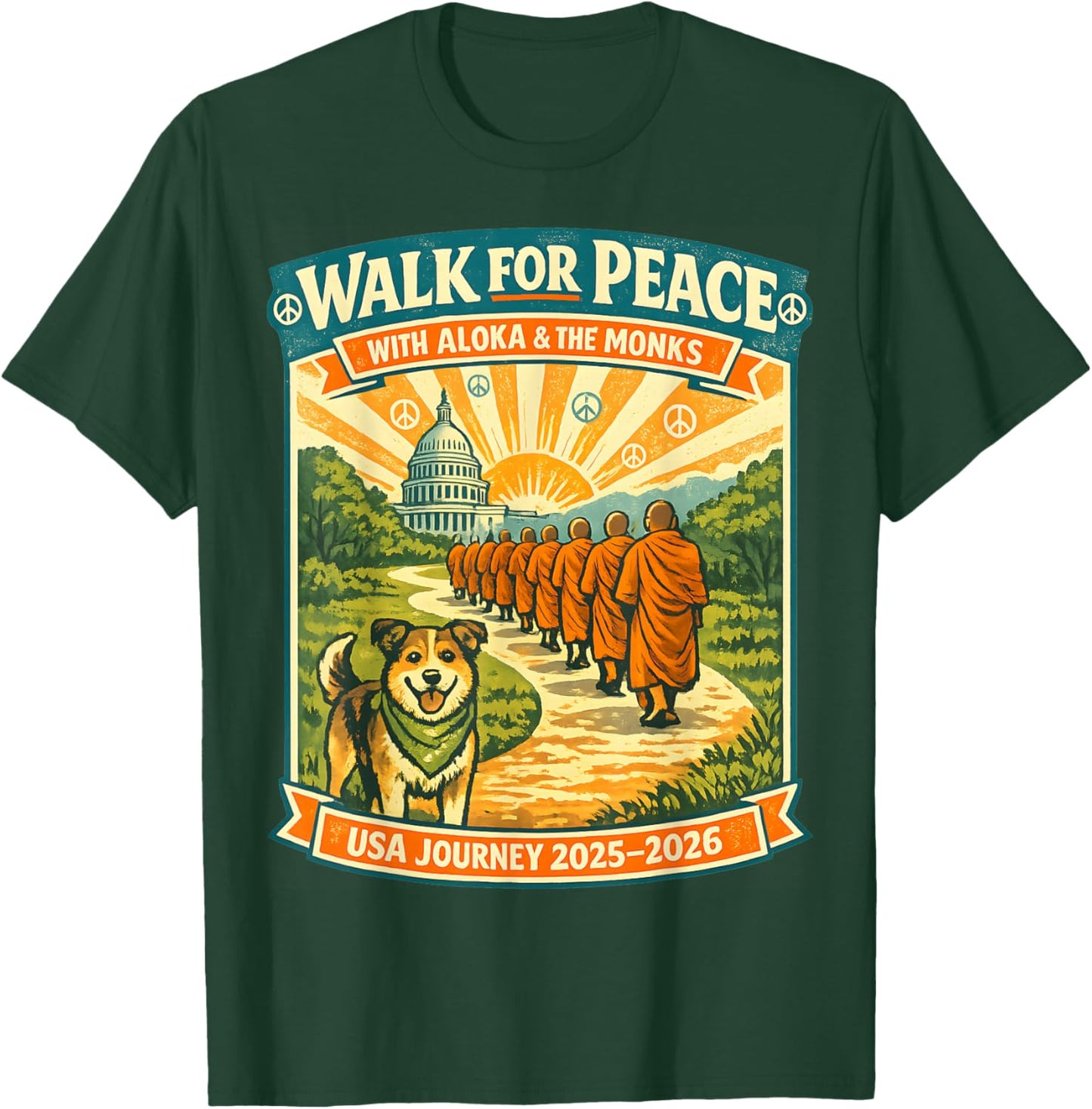 Walk for Peace Monks Dog USA Journey 2025-2026 Vintage Zen T-Shirt - T-Shirt | Forest