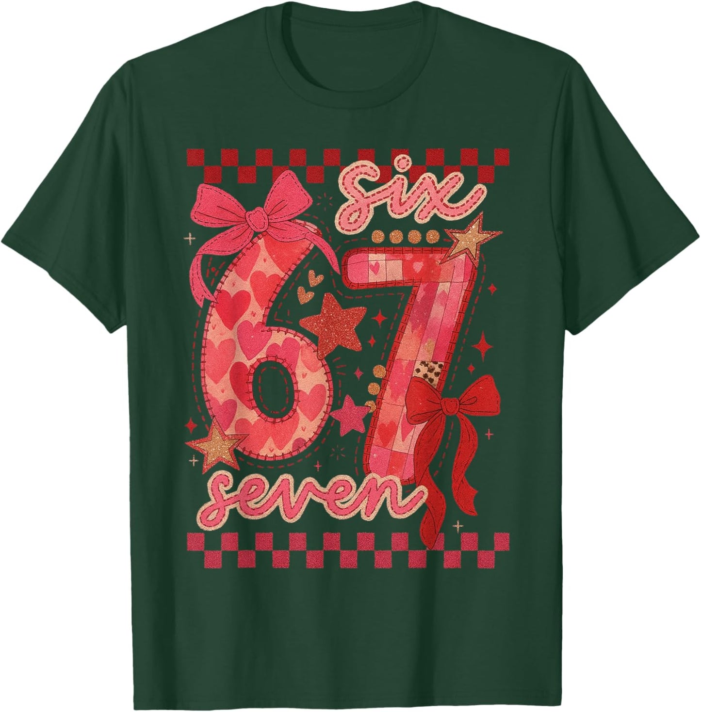 Six Seven Valentine 6 7 Meme Checkered Coquette Bow T-Shirt - T-Shirt | Forest