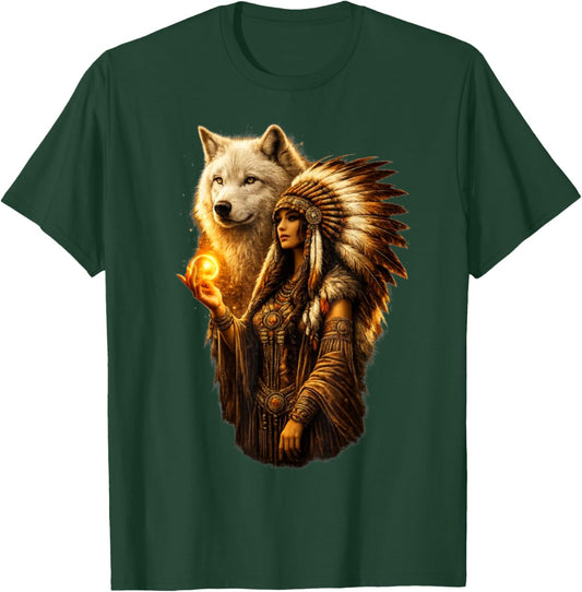 Indian Native American Woman with White Wolf Vitage Gifts T-Shirt - T-Shirt | Forest