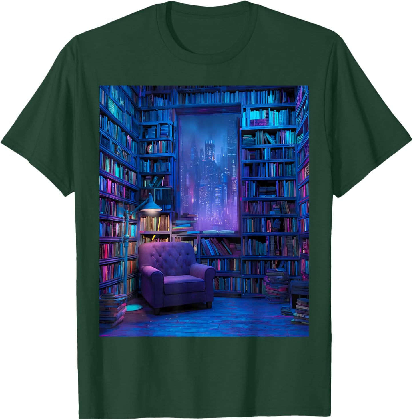 Book Library Bookshelf Armchair Window Pattern Print T-Shirt - T-Shirt | Forest