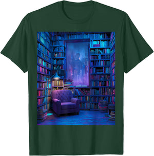 Book Library Bookshelf Armchair Window Pattern Print T-Shirt - T-Shirt | Forest