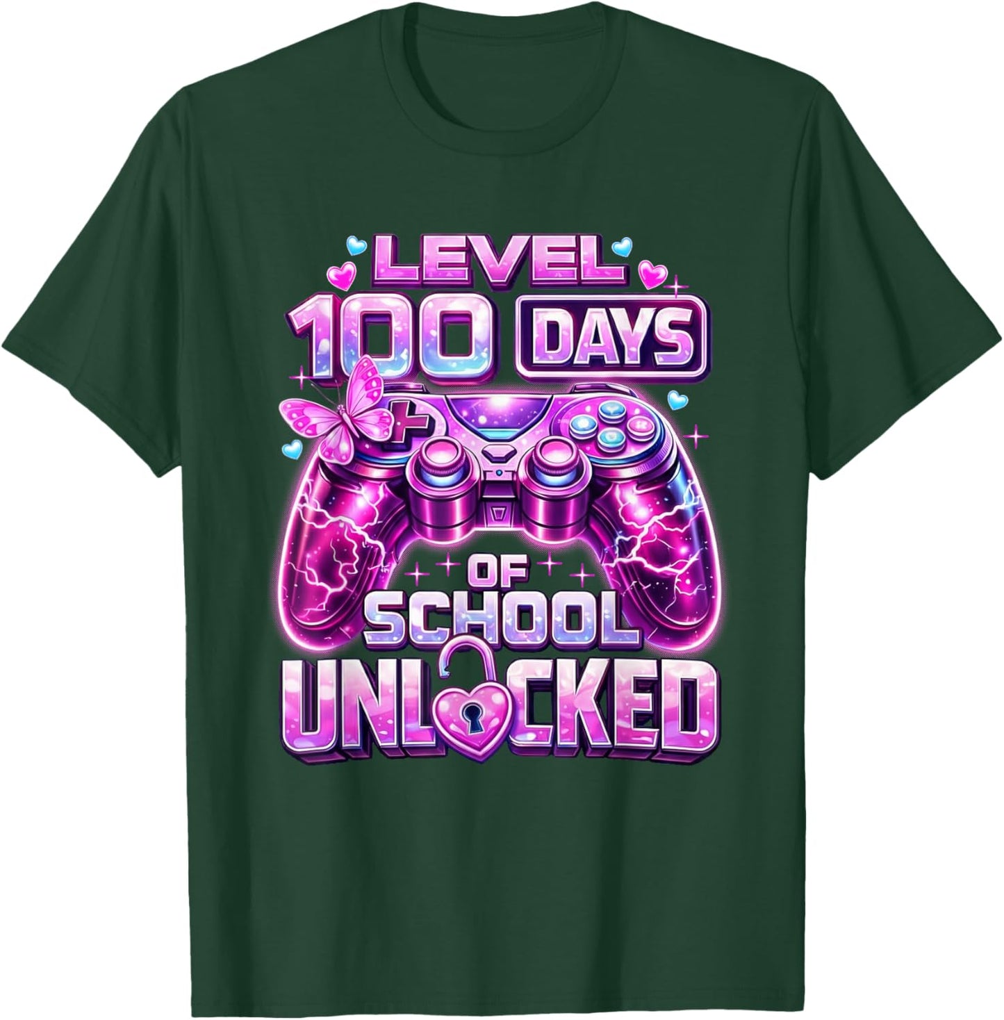 Girls Gamer Pink Level 100 Days of School Unlocked 100th Day T-Shirt - T-Shirt | Forest