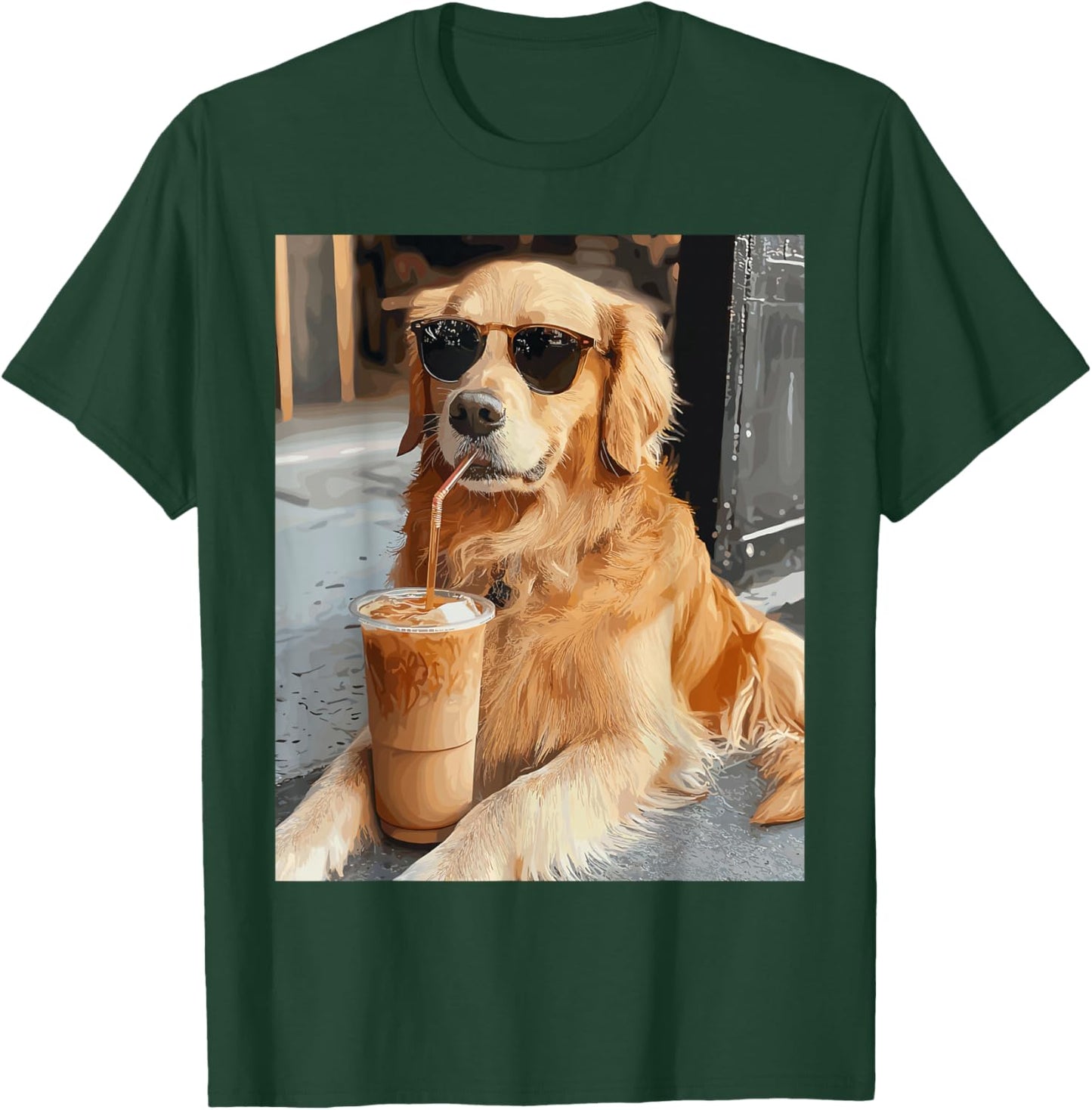 Golden Retriever Drinking Iced Coffee T-Shirt - T-Shirt | Forest