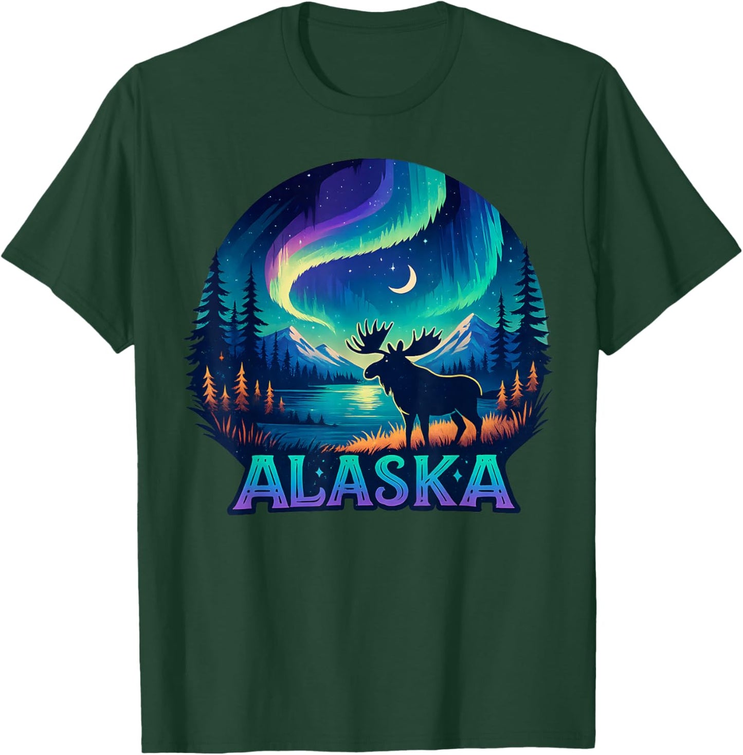 Alaska Northern Lights Aurora Viewing Alaska Vacation Moose T-Shirt - T-Shirt | Forest