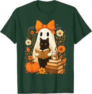 Groovy Floral Vintage Halloween Ghost Reading Book Cat Lover T-Shirt - T-Shirt | Forest