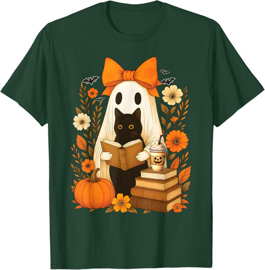 Groovy Floral Vintage Halloween Ghost Reading Book Cat Lover T-Shirt - T-Shirt | Forest