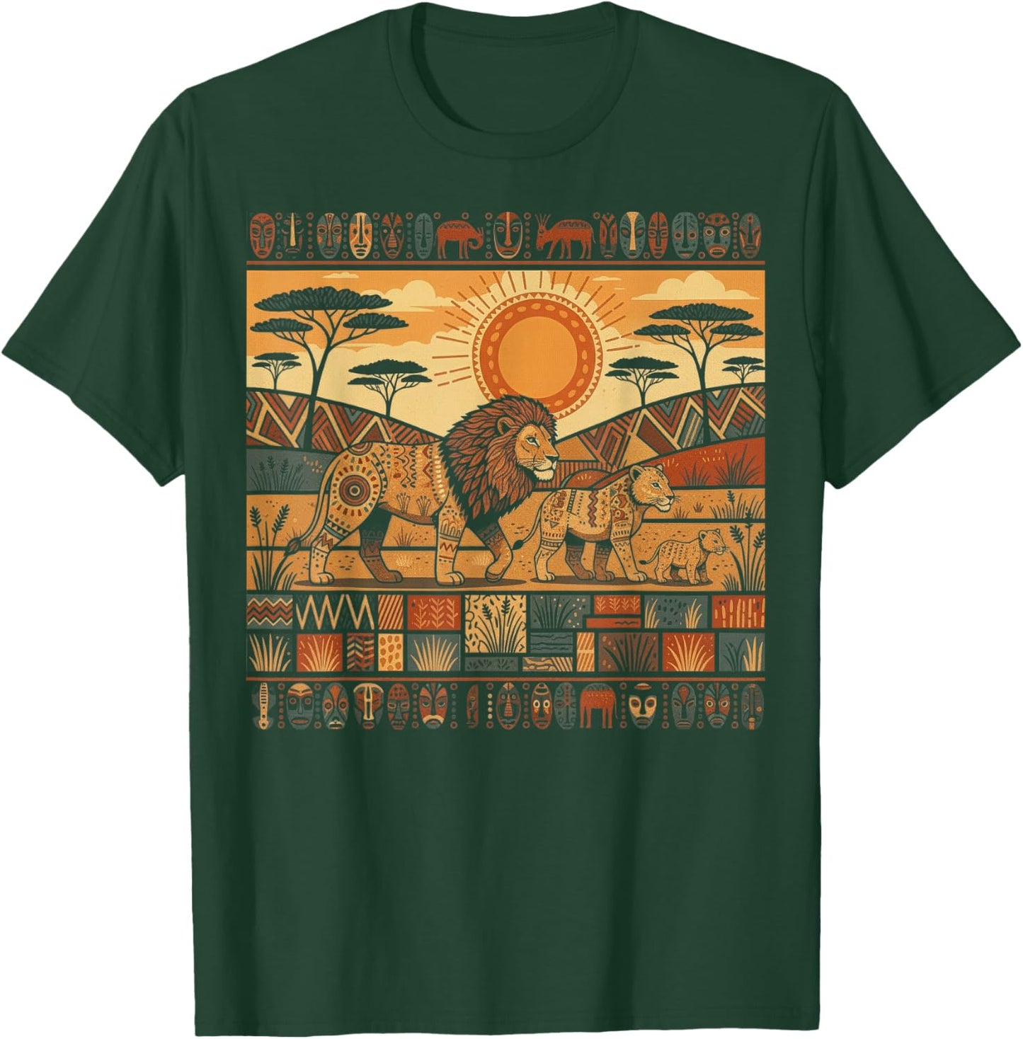 African Lion Family Tribal Kente Pattern Safari Ghana T-Shirt - T-Shirt | Forest