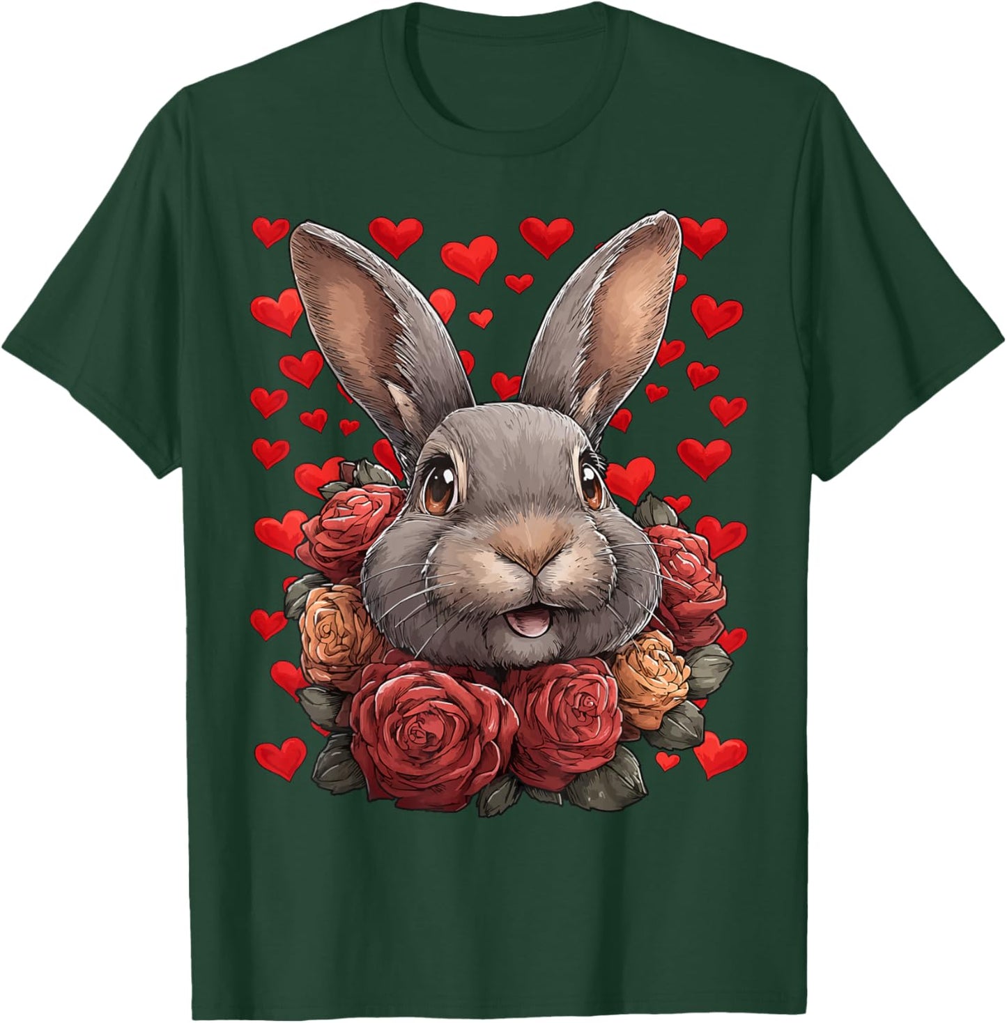 Cute Rabbit with Red Roses Hearts Valentine’s Day Animal T-Shirt - T-Shirt | Forest