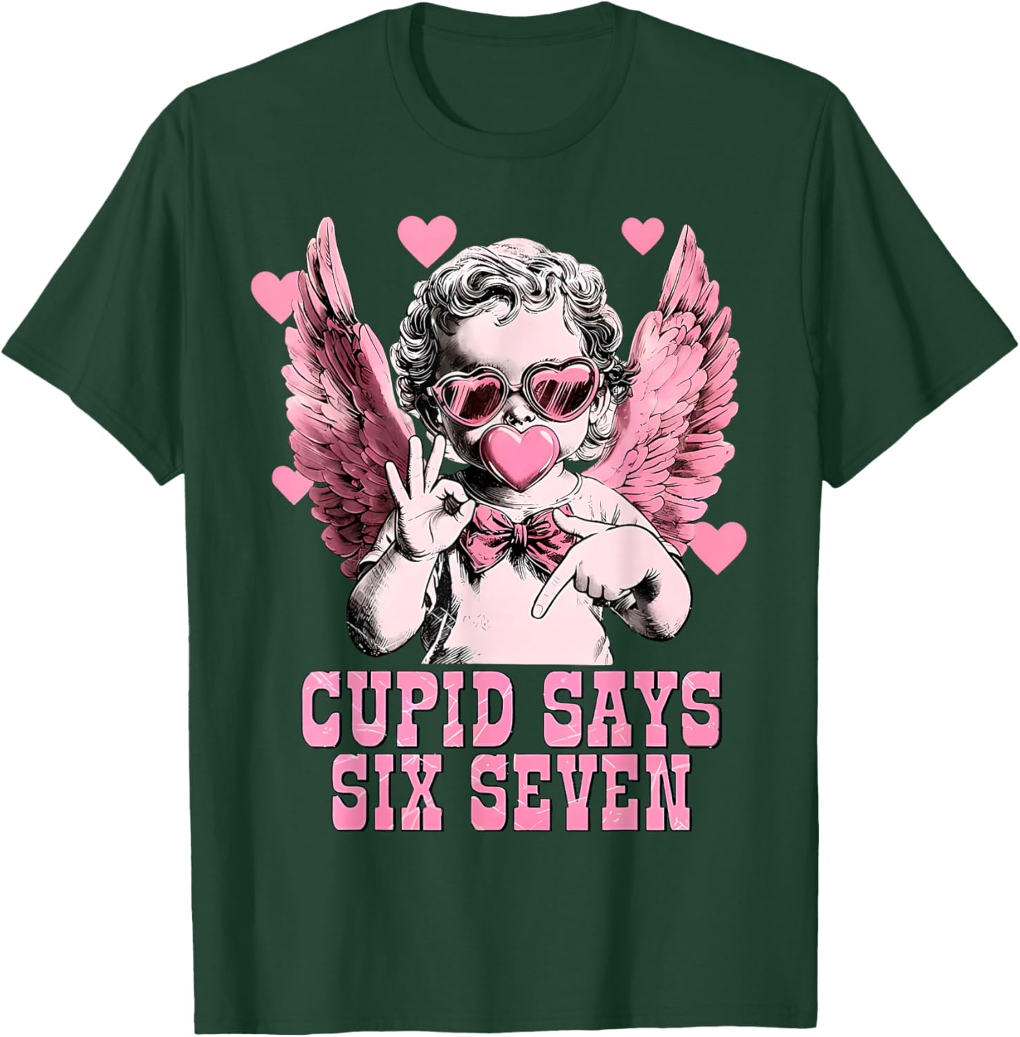 Retro Cupid Says Six Seven Hands Sign Blowing Bubble Hearts T-Shirt - T-Shirt | Forest