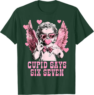 Retro Cupid Says Six Seven Hands Sign Blowing Bubble Hearts T-Shirt - T-Shirt | Forest