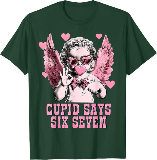 Retro Cupid Says Six Seven Hands Sign Blowing Bubble Hearts T-Shirt - T-Shirt | Forest