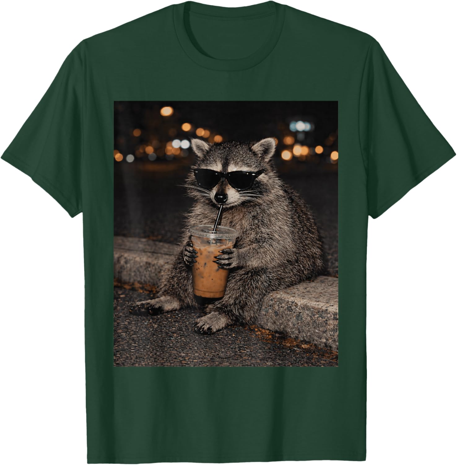 Raccoon Drinking Iced Coffee Funny Animal Meme Retro Graphic T-Shirt - T-Shirt | Forest