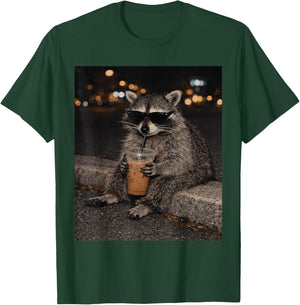 Raccoon Drinking Iced Coffee Funny Animal Meme Retro Graphic T-Shirt - T-Shirt | Forest